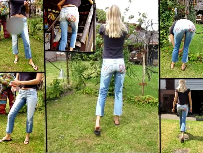Piss in Vintage-Jeans im Garten