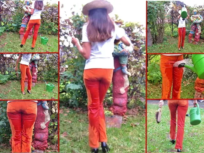 Piss in Cordjeans beim Statueputzen