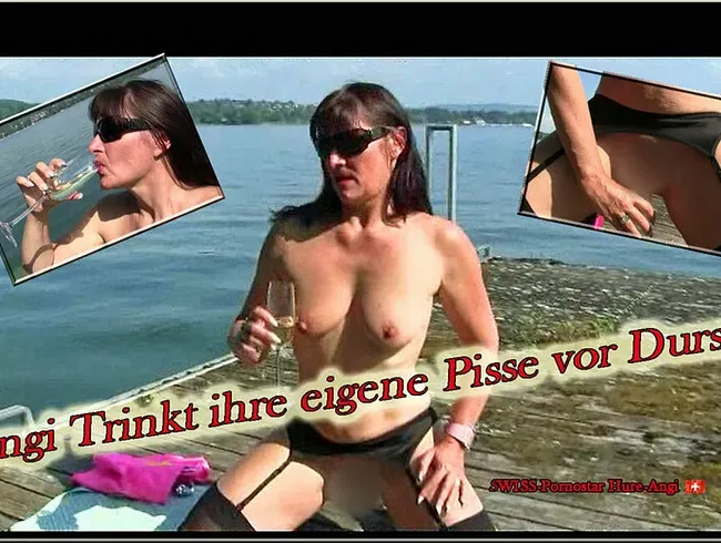 Angi, dass Piss-Luder trinkt ihre eigene warme Pisse beim Sonnenbaden vor Durst..