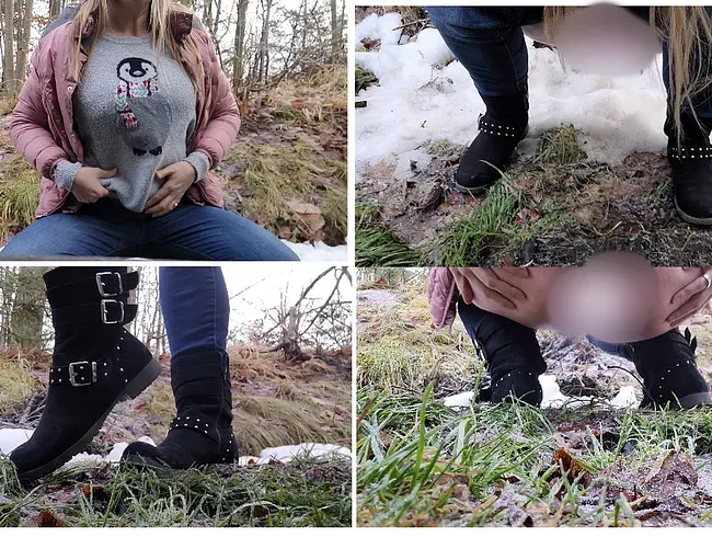 Süßes junges  Blondi mit Stiefel in Schnee pissen udn Titten Zeigen, auch Doggy arsch Muschi Ansicht
