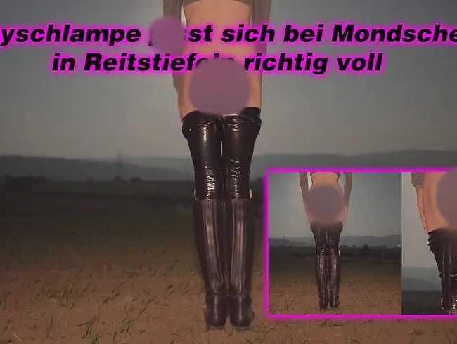 Sissyschlampe in Reitstiefeln pisst sich bei Mondschein richtig Voll