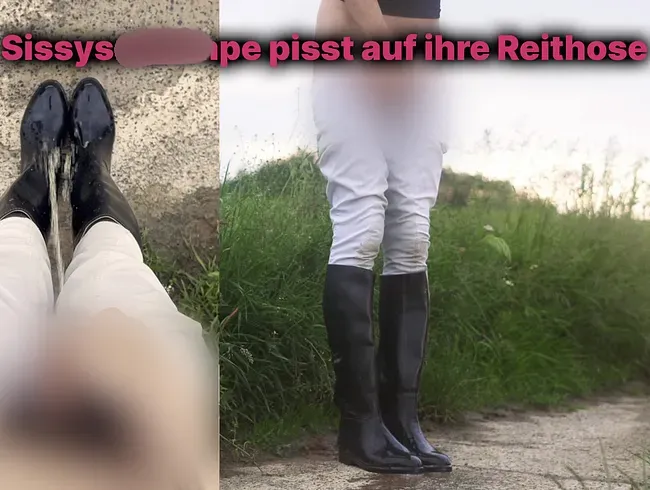 Sissyschlampe pisst auf ihre Reitstiefel während sie Analplug trägt