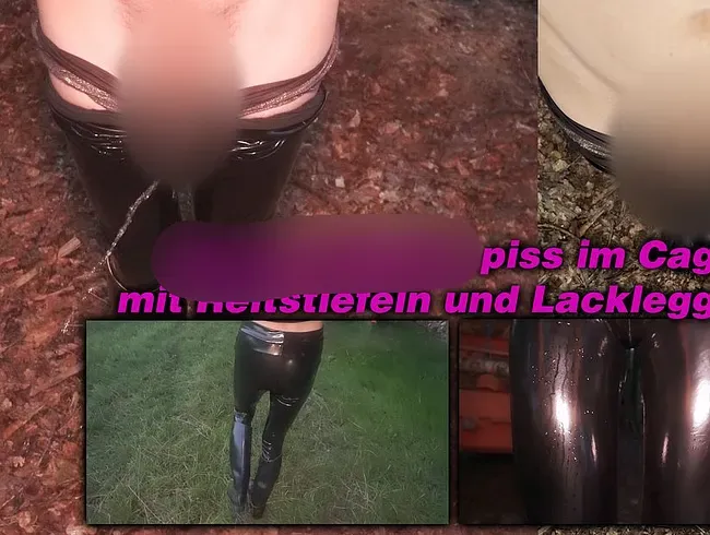 Sissyschlampe pisst im Peniskäfig mit Lackleggings und Reitstiefeln mit walk