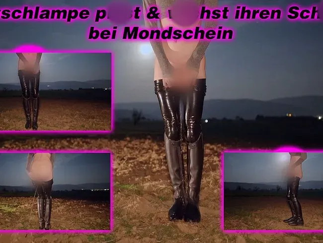 Sissyschlampe pisst in glanz Leggings und Reitstiefeln & wichst danach ihren Schwanz bei Mondschein