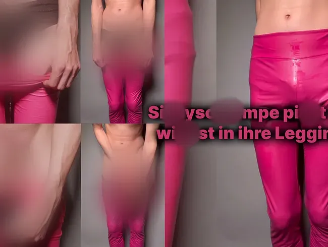 Sissyschlampe pisst in ihren Slip und Leggings, wichst danach in das Höschen