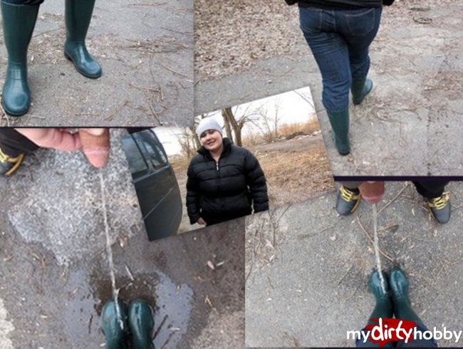 outdoors in rubber boots