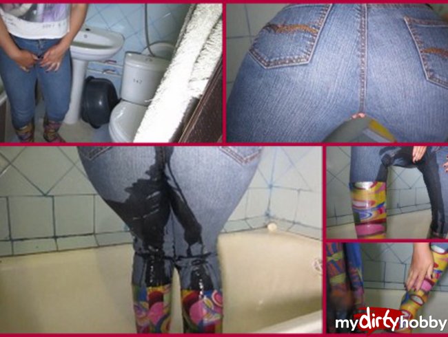 pissing in jeans in the bathroom
